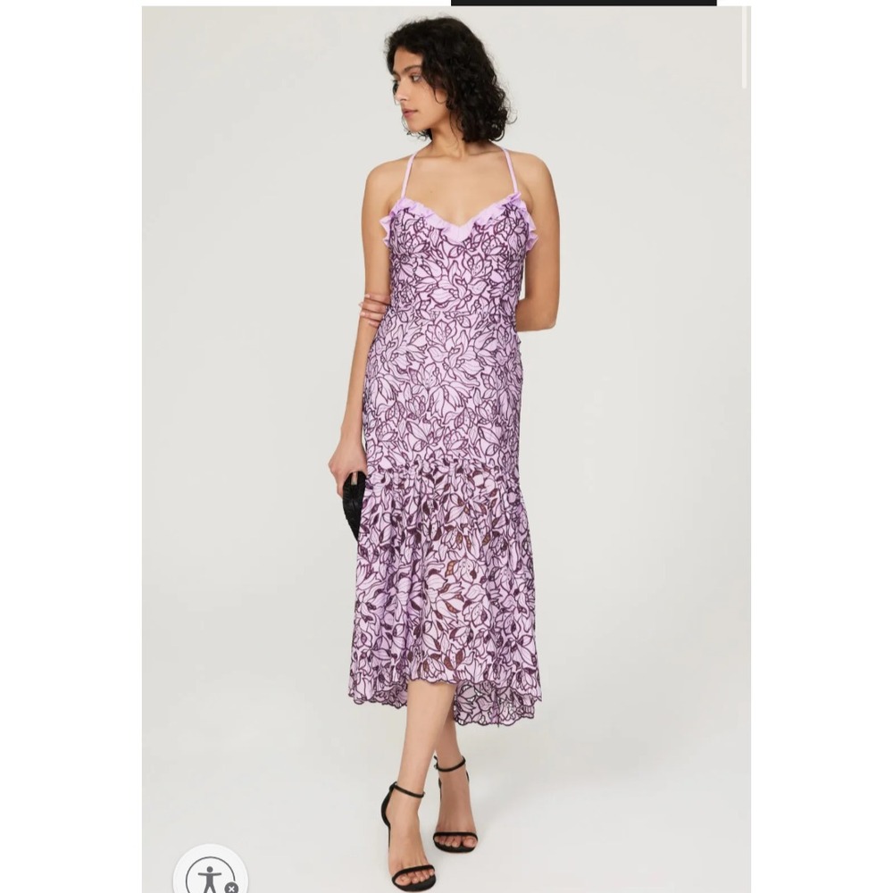 MARCHESA NOTTE Peony Pink Purple Ruffle Trim Floral Lace Midi Dress  Size 16